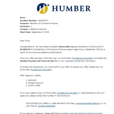 Поступление Анны в Humber College на бакалавриат Commerce Finance со стипендией 3000 CAD!