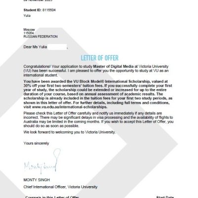 Поступление Юлии в Victoria University на магистратуру Digital Media и получение стипендии - 30% скидки на обучение!