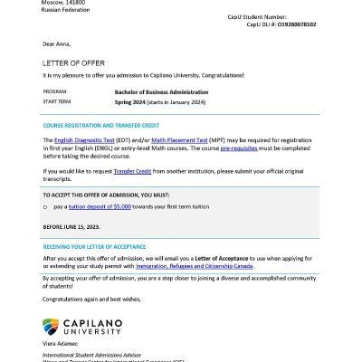 Поступление Анны в Capilano University на бакалавриат Business Administration