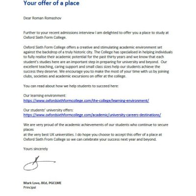 Поступление Романа на программу A-Level в Oxford Six Form College