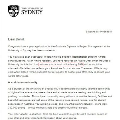 Поступление Даниила в University of Sydney на Graduate Diploma in Project Management c 20% скидкой! Поступление Даниила в University of Sydney на Graduate Diploma in Project Management c 20% скидкой!