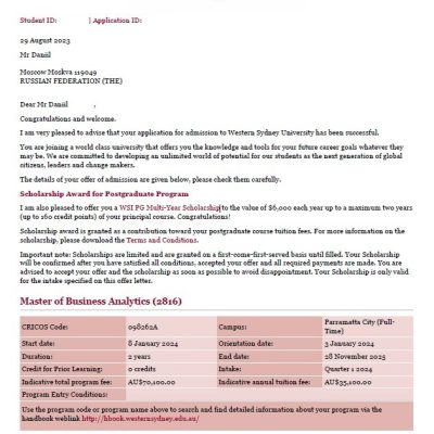 Поступление Даниила в Westen Sydney University на магистратуру Business Analytics со стипендией 6 000 AUD$!