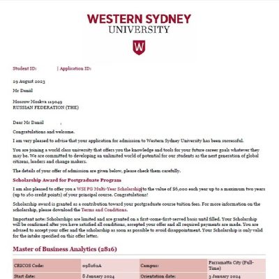 Поступление Даниила в Westen Sydney University на магистратуру Business Analytics со стипендией 6 000 AUD$! Поступление Даниила в Westen Sydney University на магистратуру Business Analytics со стипендией 6 000 AUD$!