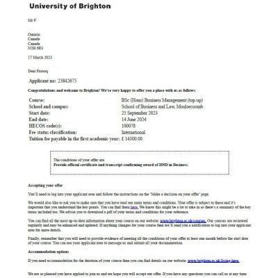 Поступление Farooq в University of Brighton