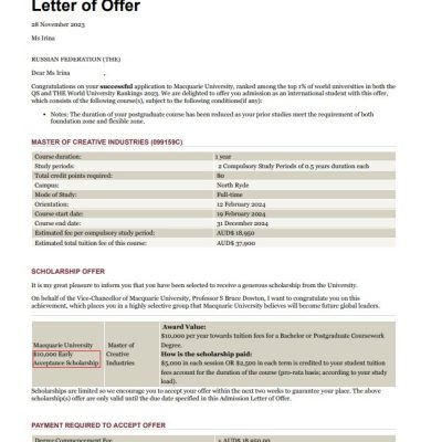 Поступление Ирины в Macquarie University на Master of Creative Industries со стипендией 10 000 AUD$!