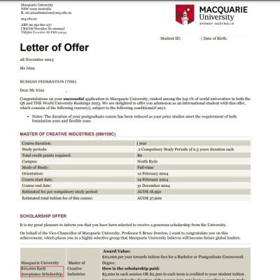 Поступление Ирины в Macquarie University на Master of Creative Industries со стипендией 10 000 AUD$! Поступление Ирины в Macquarie University на Master of Creative Industries со стипендией 10 000 AUD$!