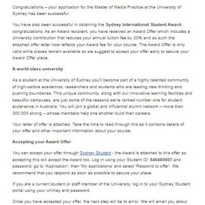 Поступление Ирины в University of Sydney на Master of Media Practice c 20% скидкой!