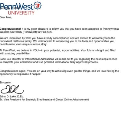 Поступление Яны в Pennsylvania Western University
