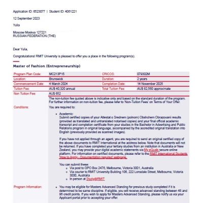 Поступление Юлии в RMIT University на программу магистратуры Fashion (Entrepreneurship)!