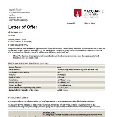 Поступлении Юлии в Macquarie University на магистратуру Creative Industries со стипендией 10 000 AUD$. Поступлении Юлии в Macquarie University на магистратуру Creative Industries со стипендией 10 000 AUD$.